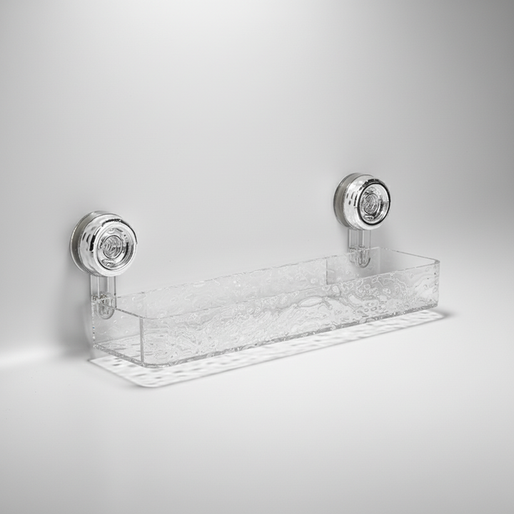 Space-saving bathroom storage solution: drill-free wall organizer with strong suction for toiletries in damp areas.