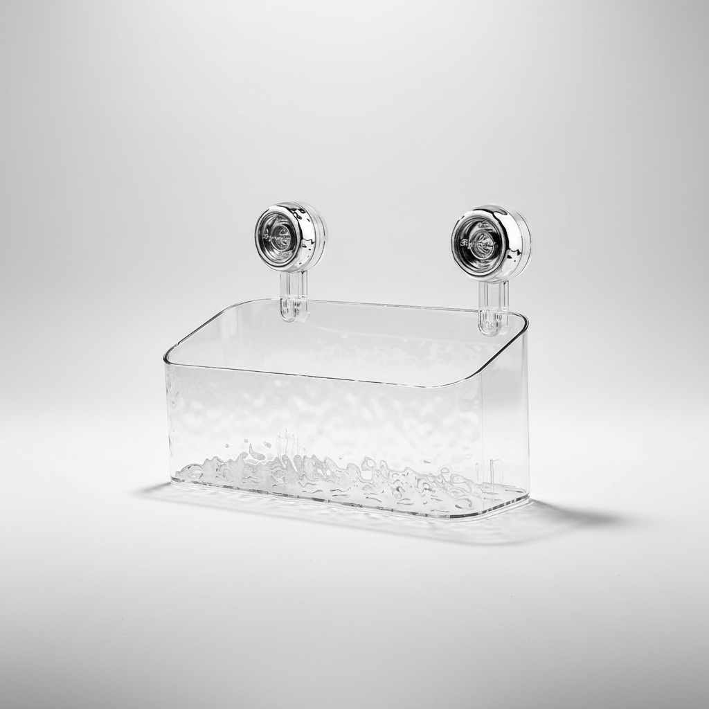 Multipurpose suction cup organizer for kitchen or shower. Drill-free storage for sponges, soaps & small items in damp zones.