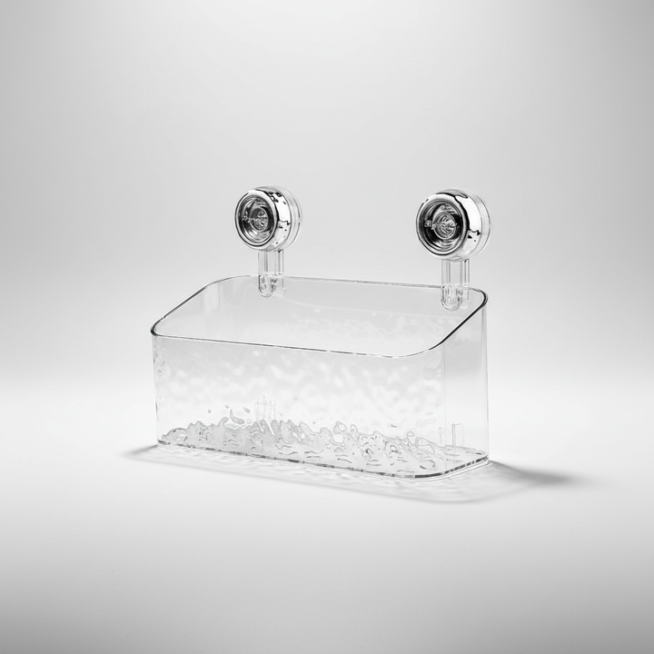 Multipurpose suction cup organizer for kitchen or shower. Drill-free storage for sponges, soaps & small items in damp zones.