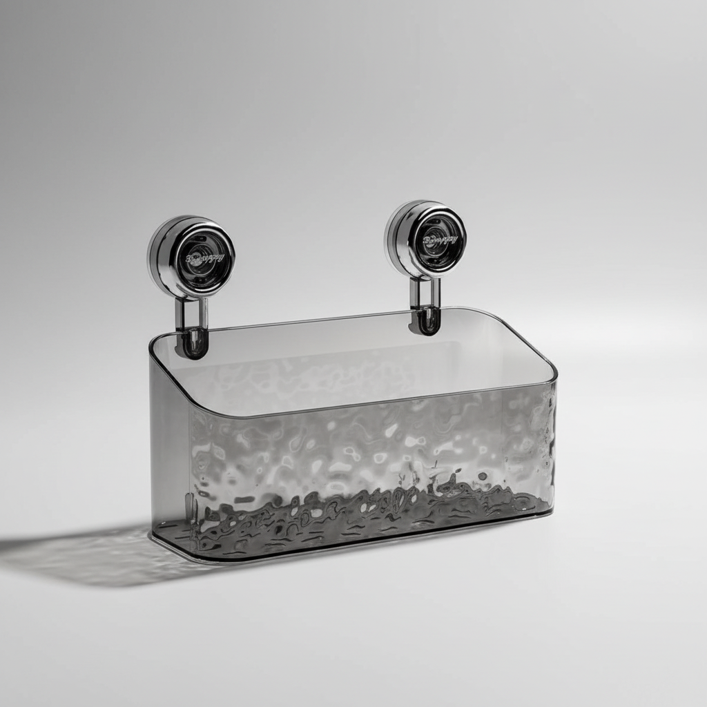 Home organization made easy: drill-free clear wall caddy for efficient storage of bathroom and kitchen essentials.