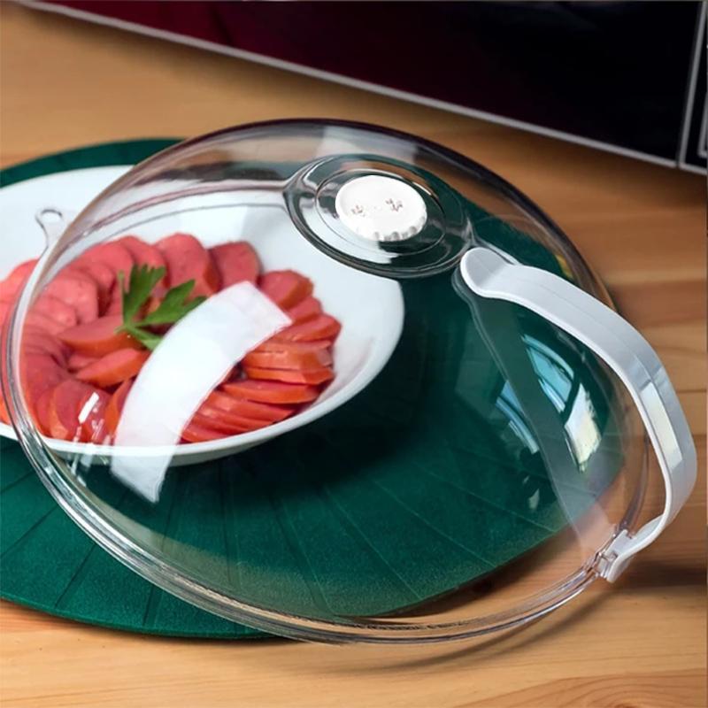 Clear microwave food cover with steam vents, 11-inch diameter, for splatter-free reheating and cooking in microwaves.
