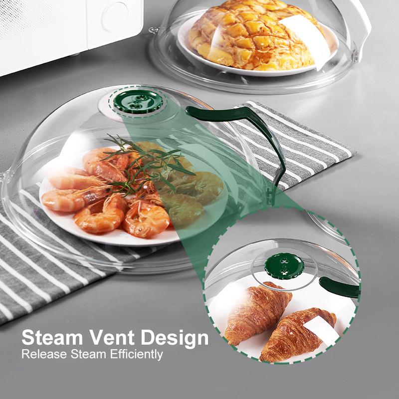 Microwave food cover with handle, BPA-free plastic, essential kitchen accessory to prevent food splatter and keep microwave clean.