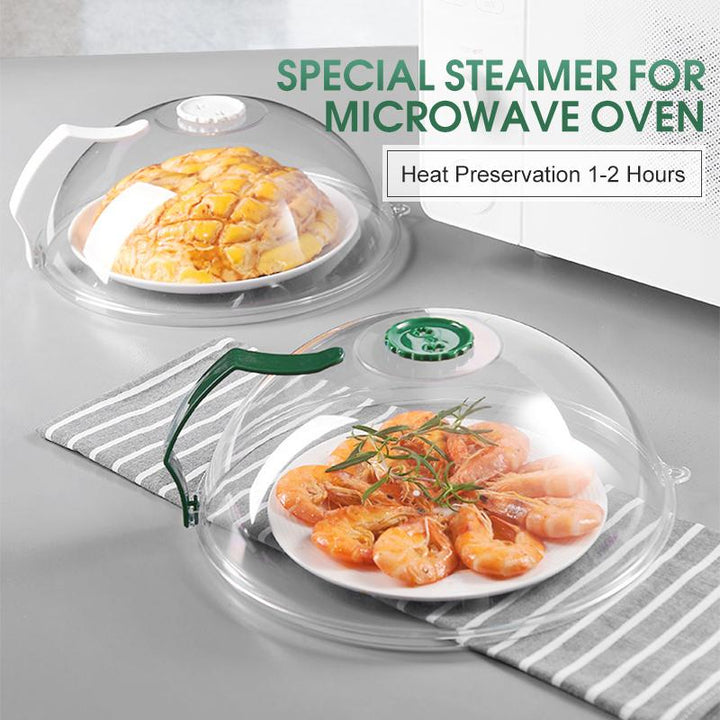 Reusable microwave plate cover, dome shape, for heating food evenly and containing messes; a must-have kitchenware item.