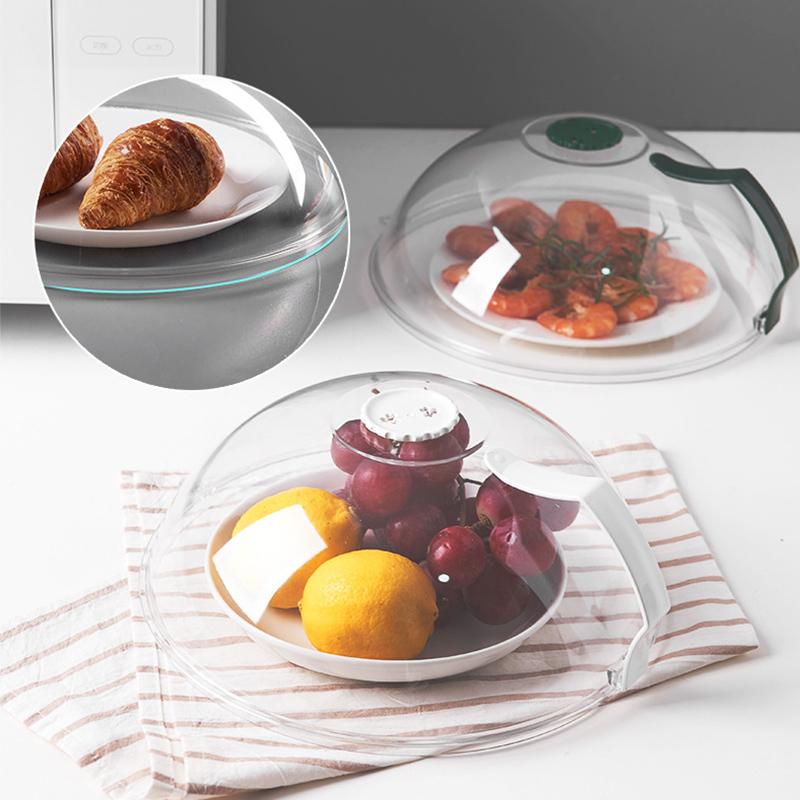 Food-safe microwave lid with finger grip, ideal for covering plates, bowls, and protecting food while reheating or cooking.