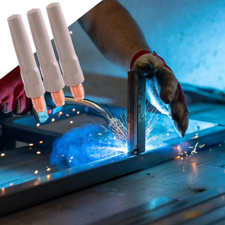 Welding gun nozzle with specialized anti-slag coating, highlighting its robust construction