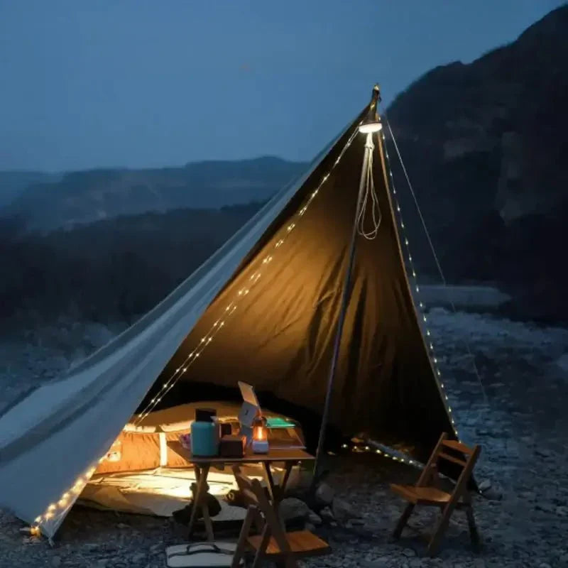 Portable LED camping lantern with string lights, magnetic base, and waterproof design for hiking & outdoor use.