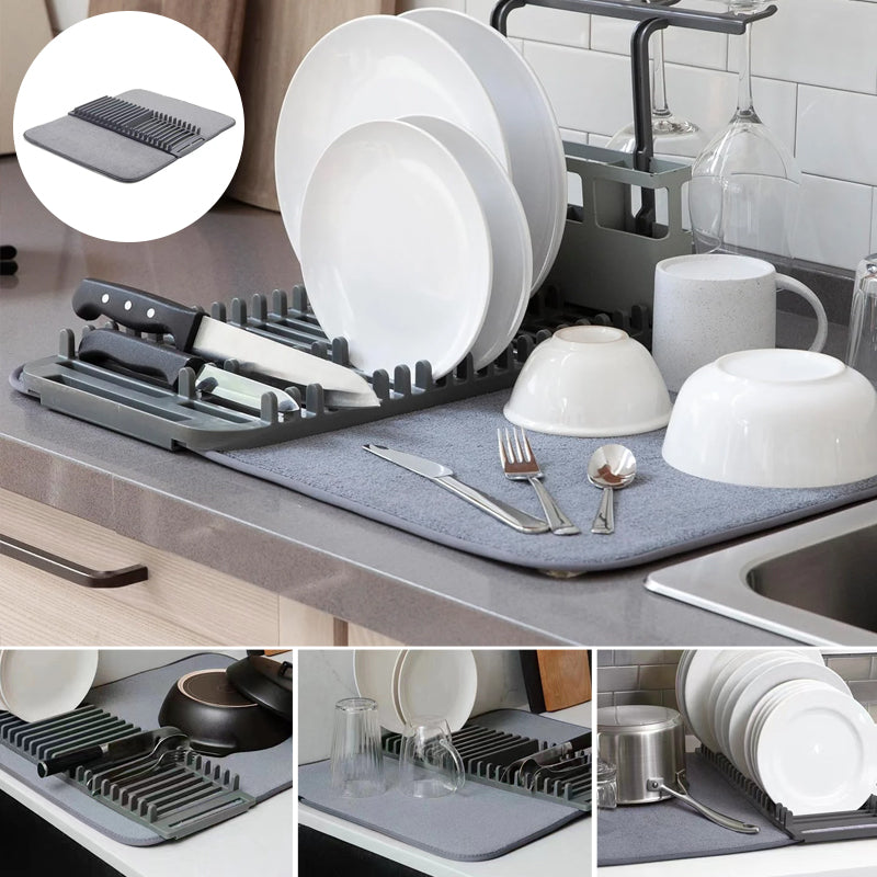Space-saving collapsible dish drying rack and mat, ideal for small kitchens, quick dry