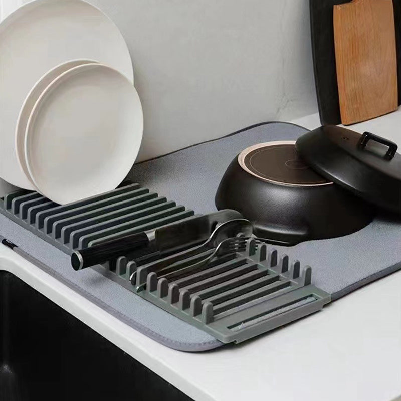 Gray silicone collapsible dish drying mat with integrated rack, perfect for plates & cups