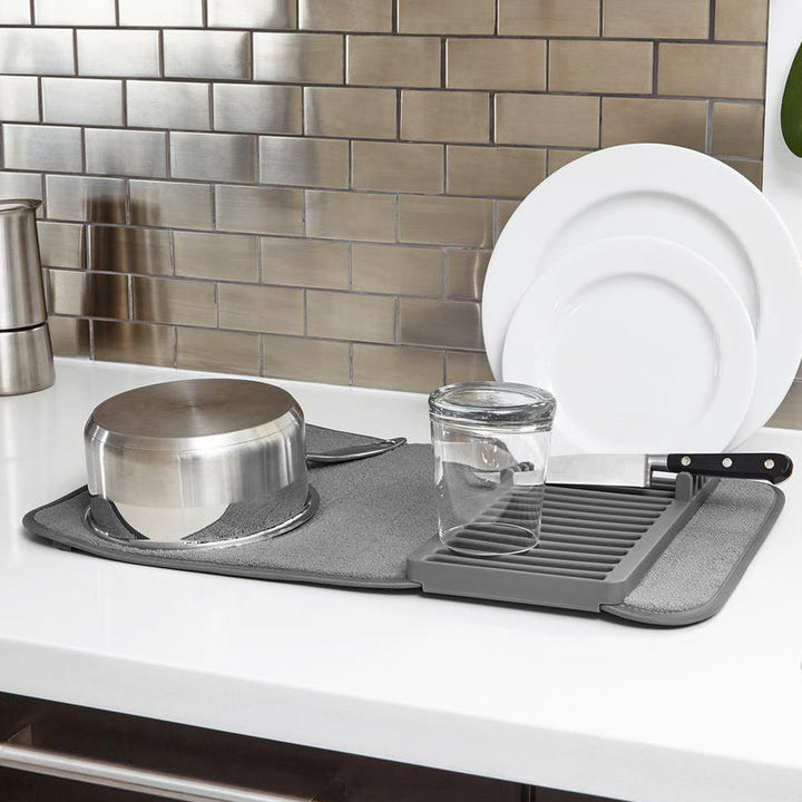 Kitchen countertop collapsible dish drying mat with built-in rack, practical and stylish