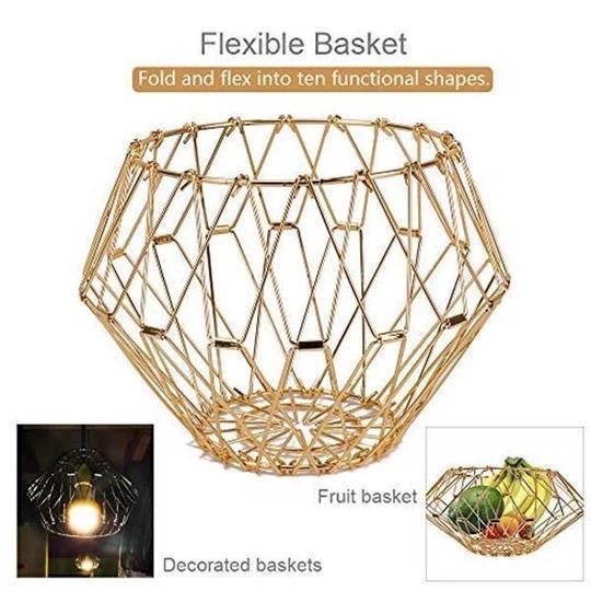 Gold collapsible stainless steel fruit bowl, perfect for modern kitchen counter organization.