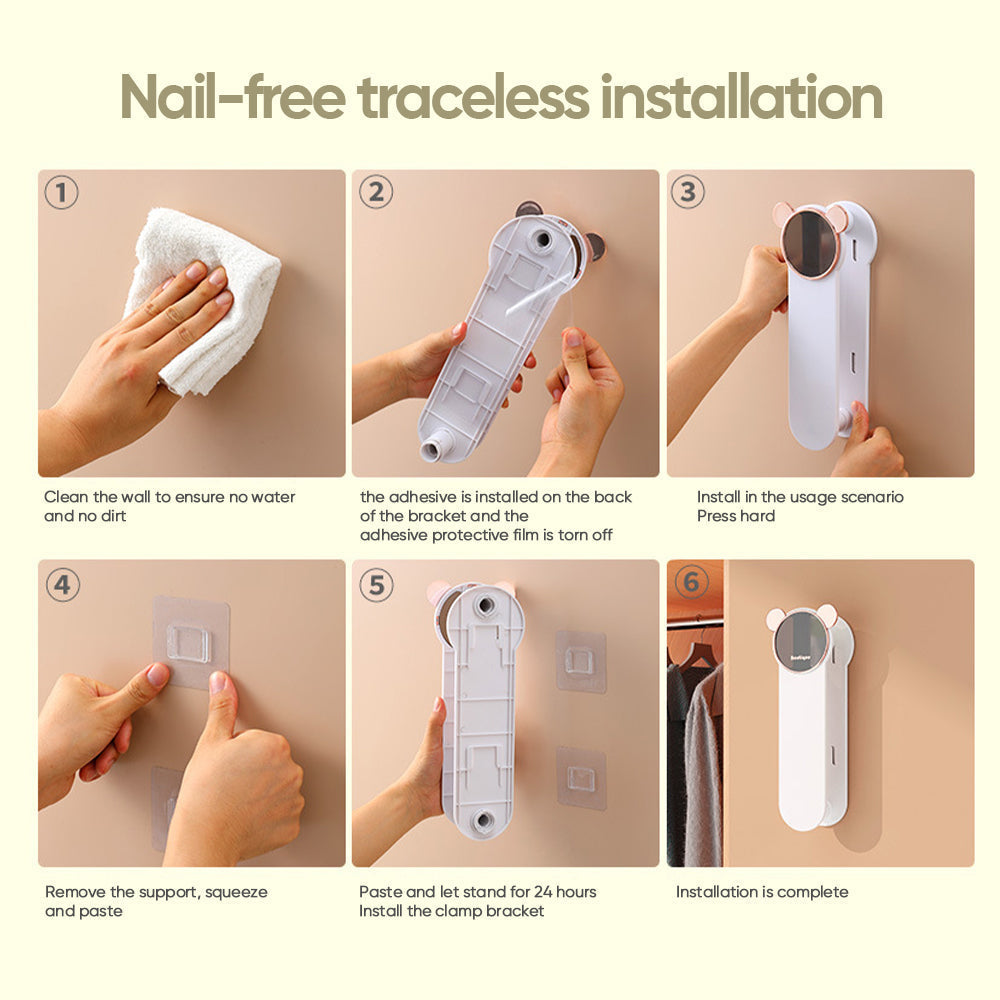 Compact collapsible hanger holder, designed for easy wall mounting in laundry rooms or closets.