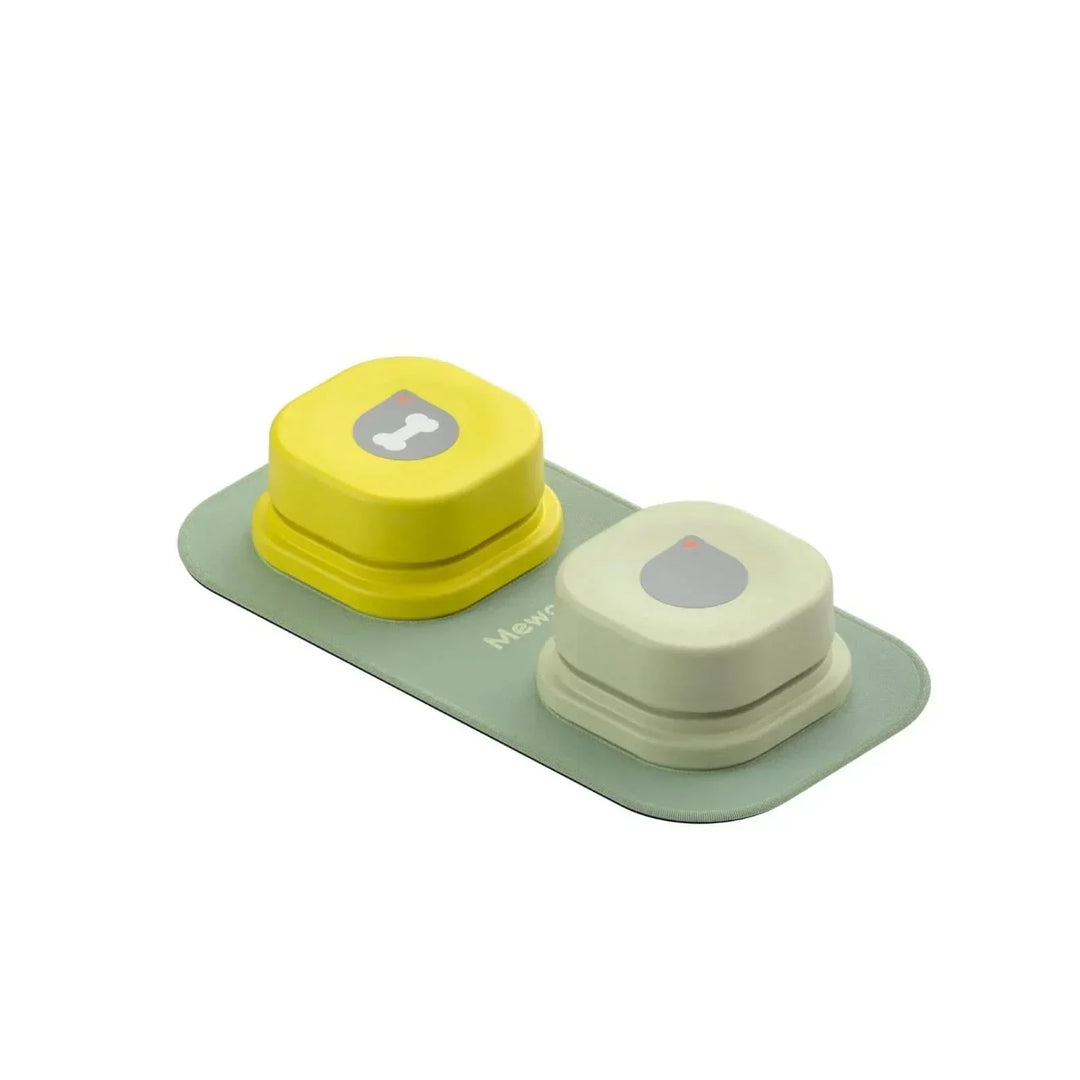 Close-up of multiple brightly colored dog talking buttons, essential dog supplies for interactive training.