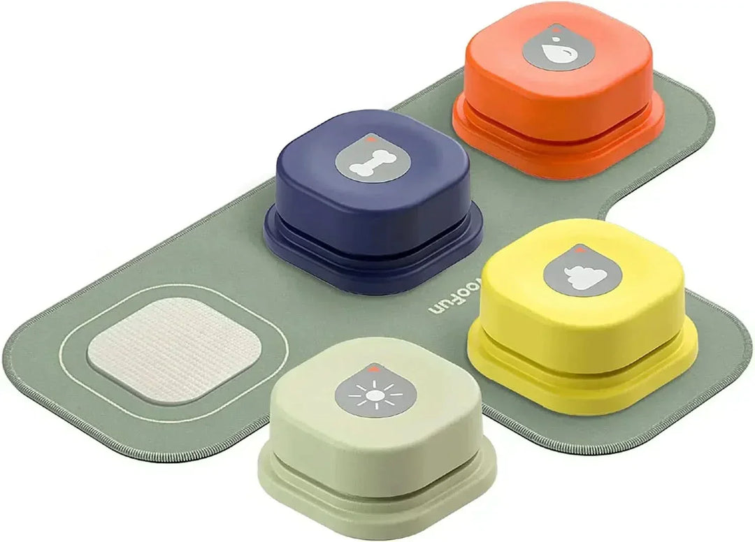 Pet dog talking buttons arranged on a mat in a home, offering mental stimulation & enhanced dog communication.