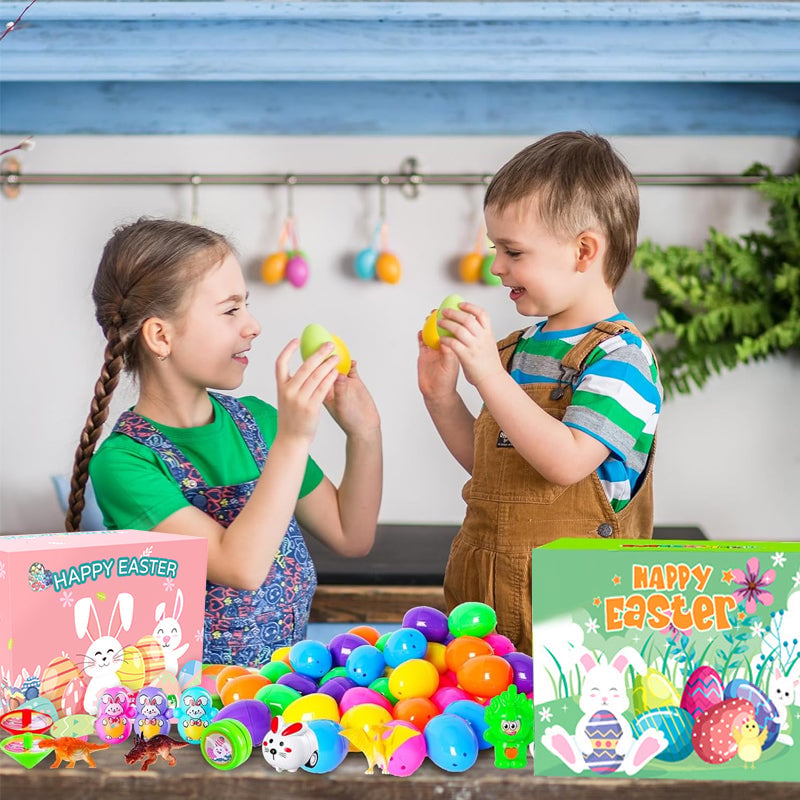 Colorful prefilled Easter eggs for kids with toys & stickers, perfect for an egg hunt