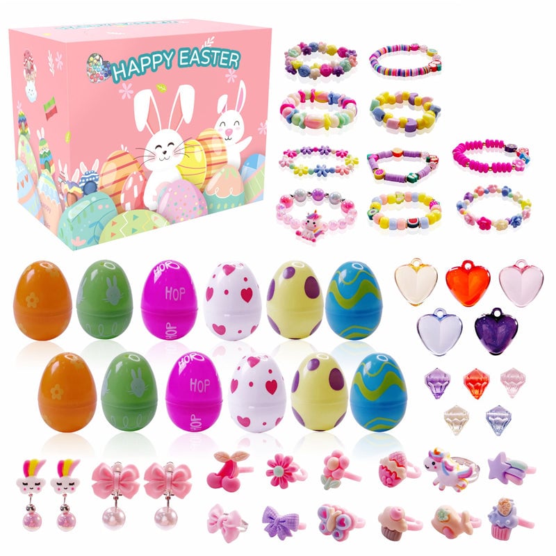 Close-up of an open prefilled Easter egg revealing a toy and stickers for kids