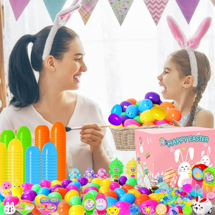 Assorted vibrant Easter eggs prefilled with fun toys & stickers for children's gifts