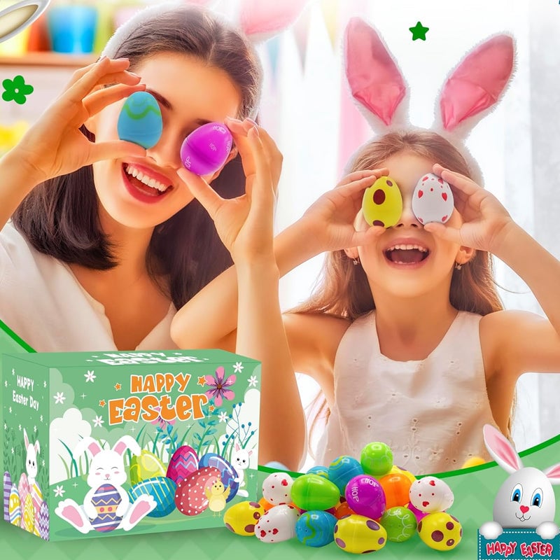 Close-up of kids' prefilled Easter eggs showing a peek of the toys and stickers inside