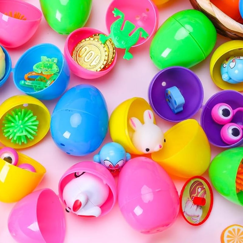 Group of brightly colored prefilled Easter eggs, ideal for a memorable egg hunt