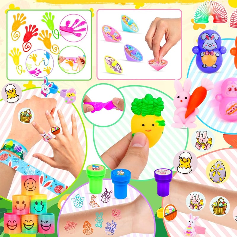 Variety pack of kids' prefilled Easter eggs, each with unique toys and stickers
