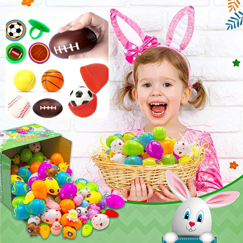 Easter egg hunt assortment: prefilled eggs with exciting toys and decorative stickers