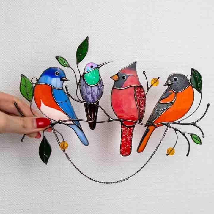 Colorful stained glass cardinal bird window hanging, suncatcher home accent