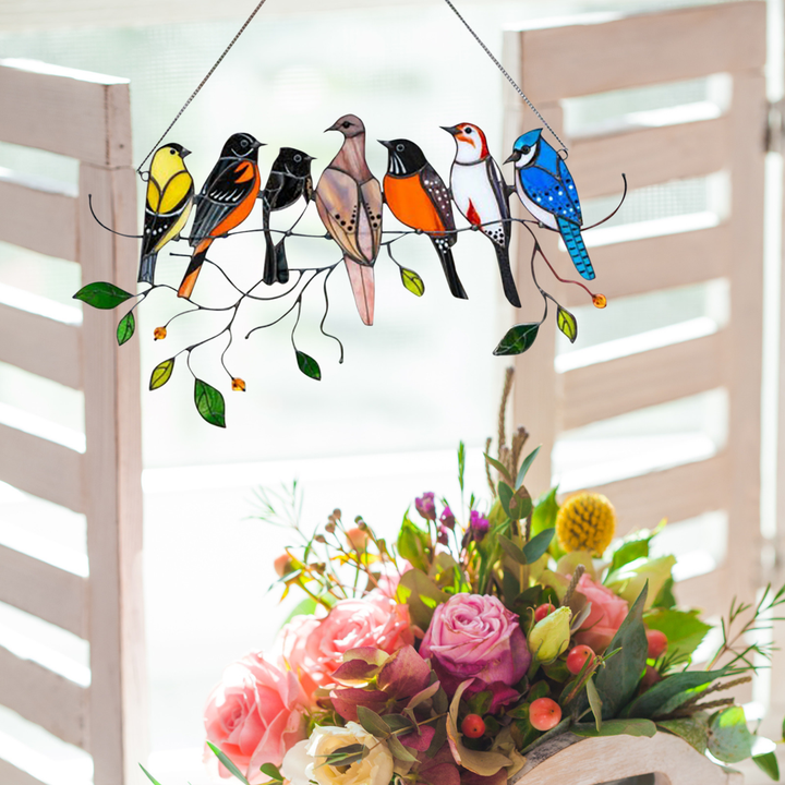 Handmade stained glass bluebird window decor, vibrant pastoral style suncatcher