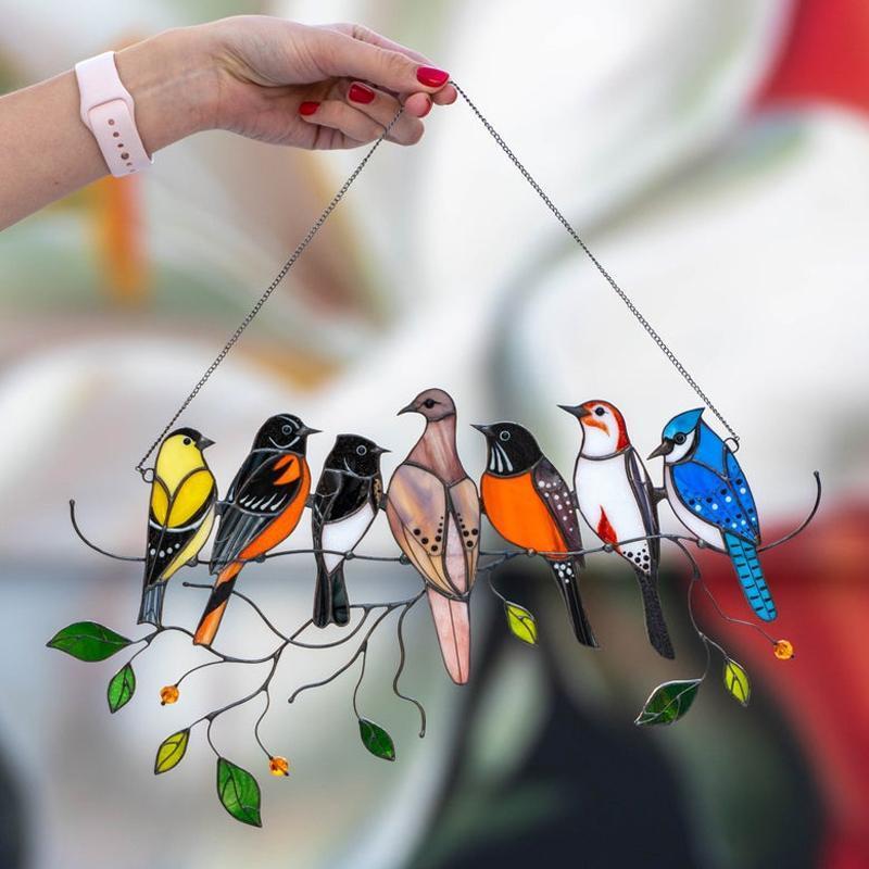 Stained glass yellow finch bird suncatcher, colorful window hanging gift