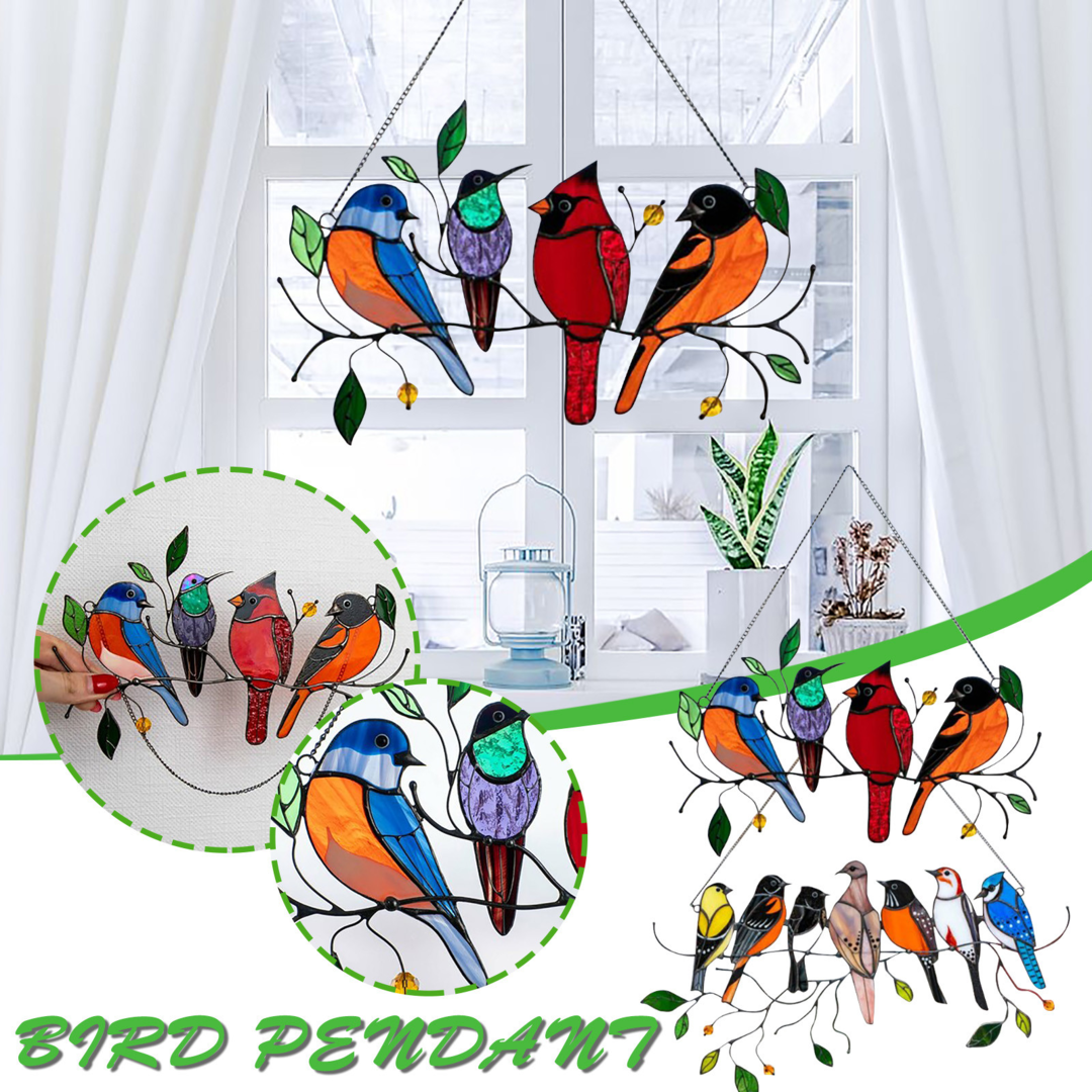 Collection of colorful stained glass bird suncatchers, handmade window decor gift set