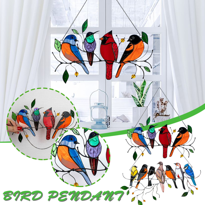 Collection of colorful stained glass bird suncatchers, handmade window decor gift set