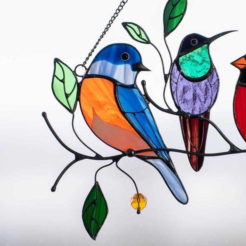 Stained glass avian decor with multiple colorful birds, elegant window hanging