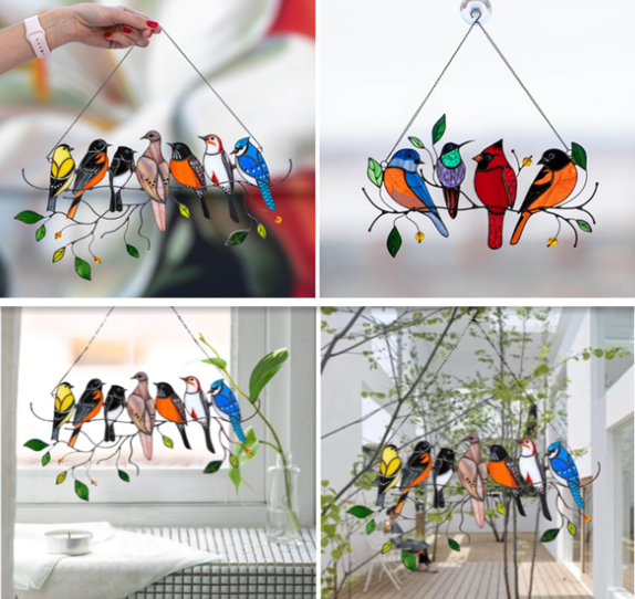 Detailed stained glass robin suncatcher, colorful bird window accent decor