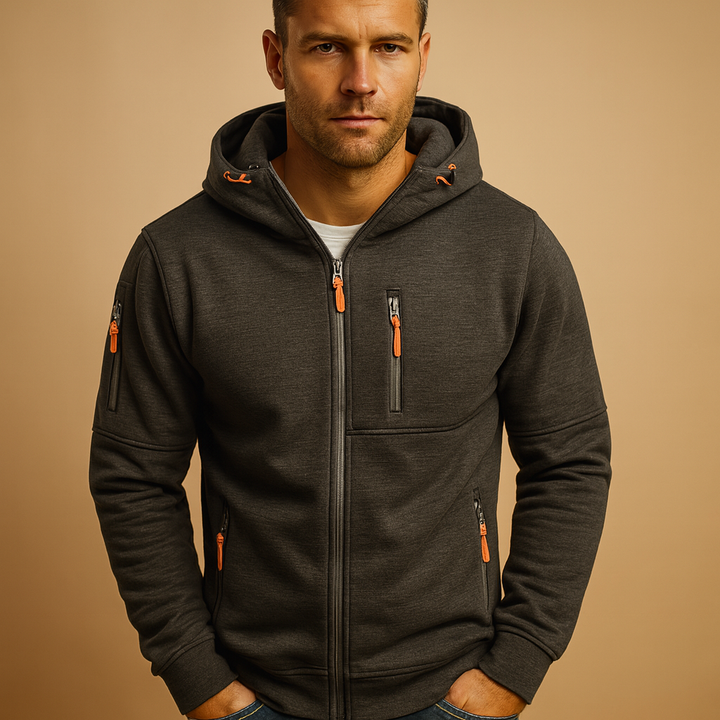 Warm men's zip hoodie with an adjustable hood, a winter essential for comfortable everyday wear & layering.