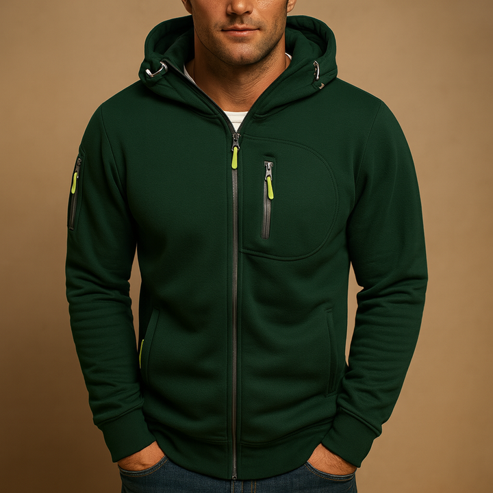 Men's comfortable zip-up hoodie, a versatile sweater perfect for casual wear, fall fashion, or active layering.