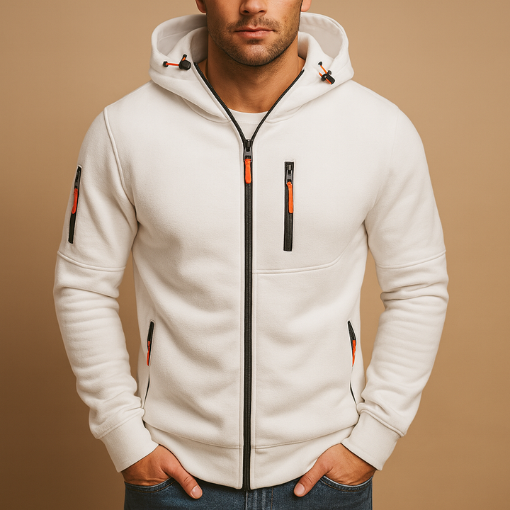 Soft men's zip hoodie with full zipper & adjustable hood. A fall fashion essential for comfortable, casual styling.