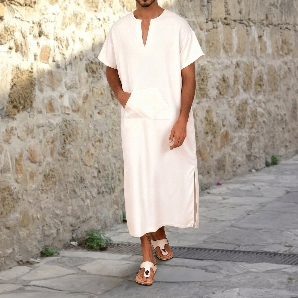 Men's casual V-neck djellaba robe. A comfortable, traditional long-sleeve garment for relaxed everyday wear.
