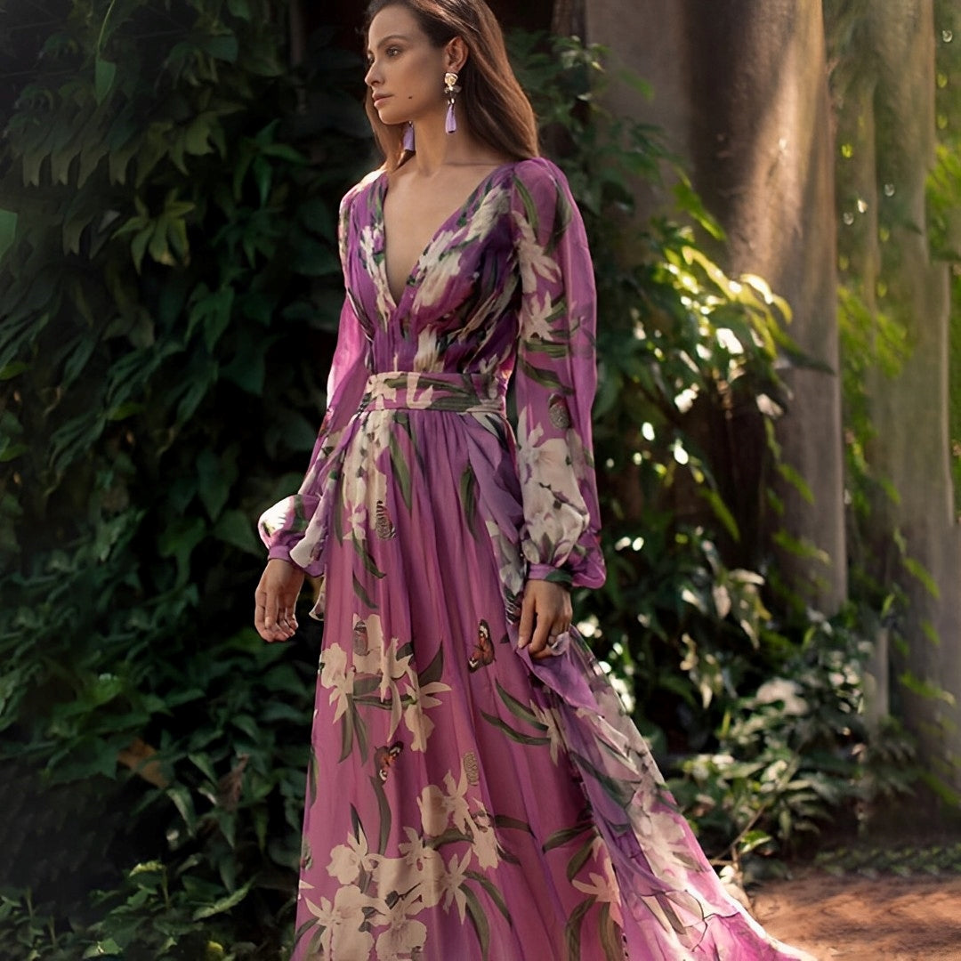Comfortable purple floral V-neck maxi dress for women, ideal for summer casual wear