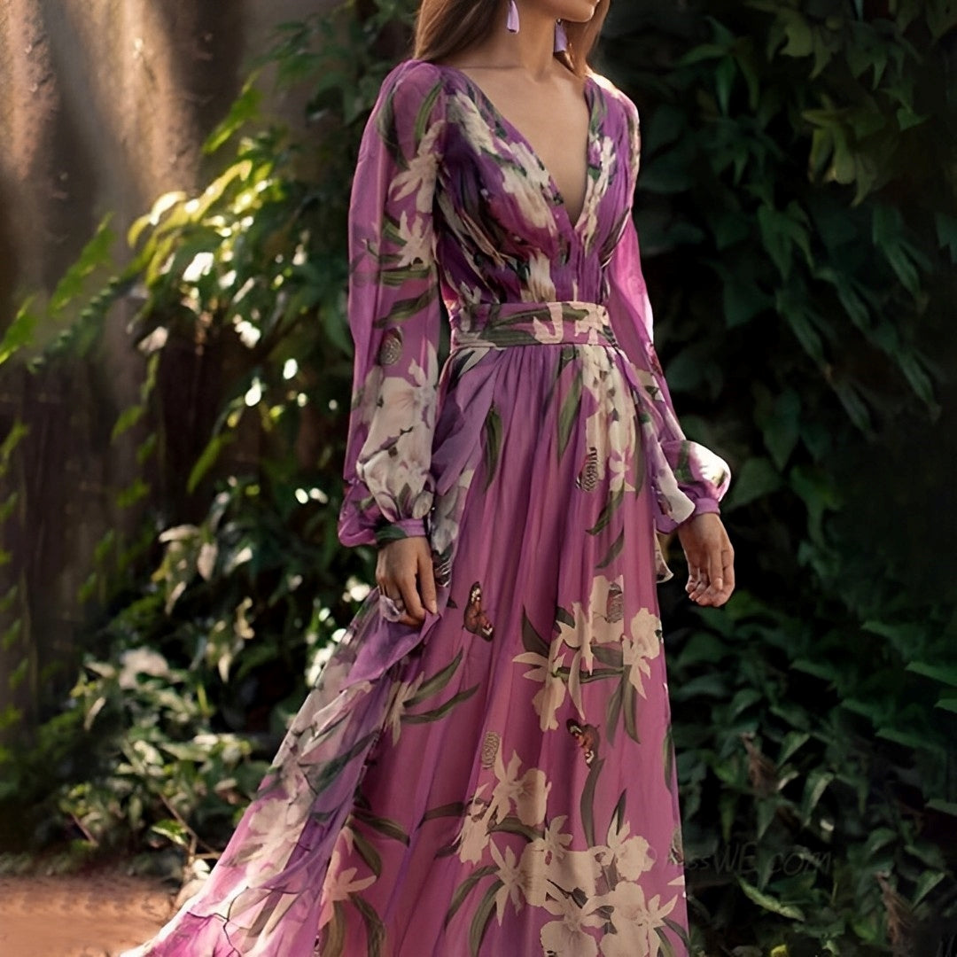 Women's purple floral maxi dress with a flattering V-neck, perfect comfortable summer attire