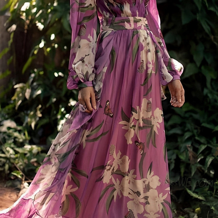 Full shot of a purple floral V-neck maxi dress for women, embodying a comfortable summer style
