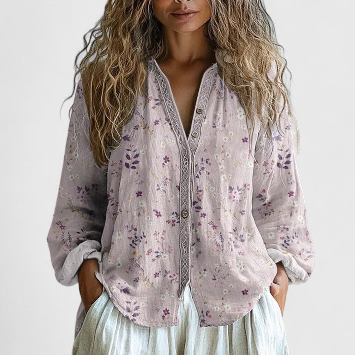 Elegant leaf print women's blouse in purple, a comfortable and chic top for office or casual fall wear.