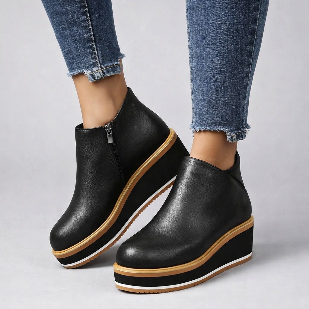 Comfortable vegan leather platform shoes for women, designed with a sturdy wedge heel