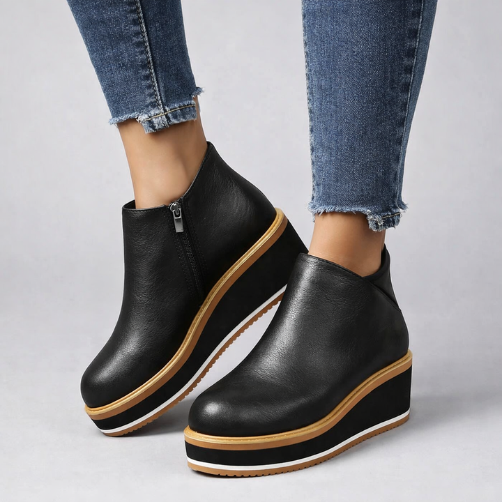 Comfortable vegan leather platform shoes for women, designed with a sturdy wedge heel