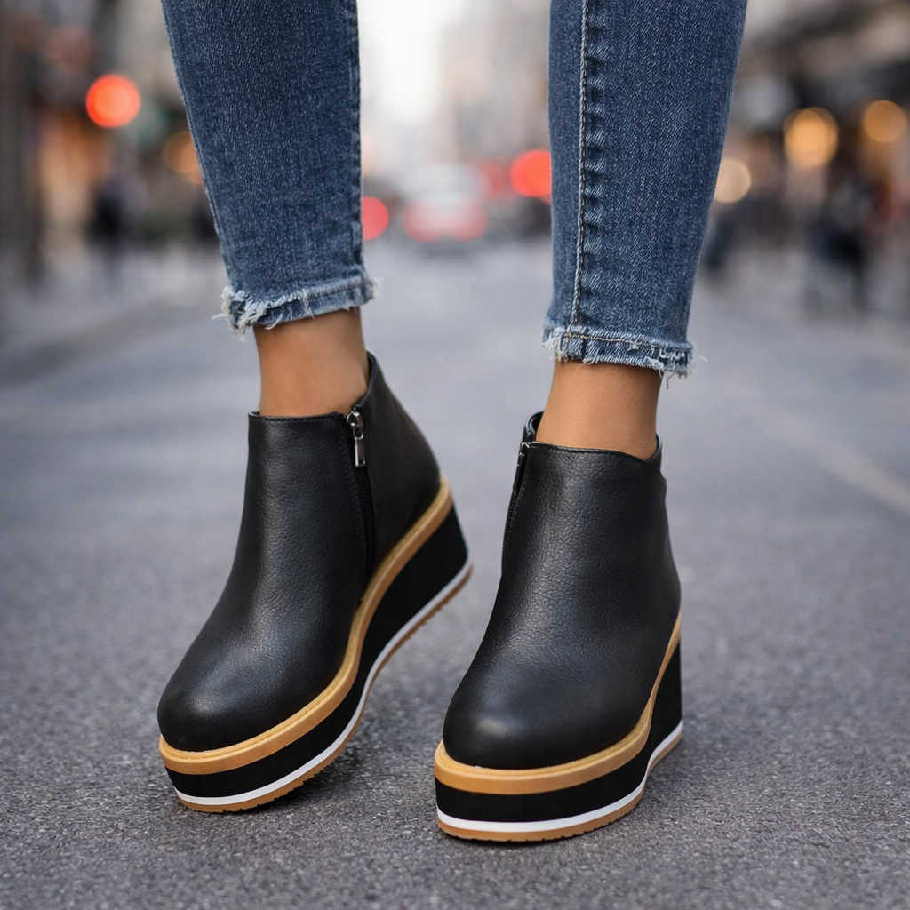 Close-up of women's vegan leather platform shoes, highlighting the comfortable wedge design