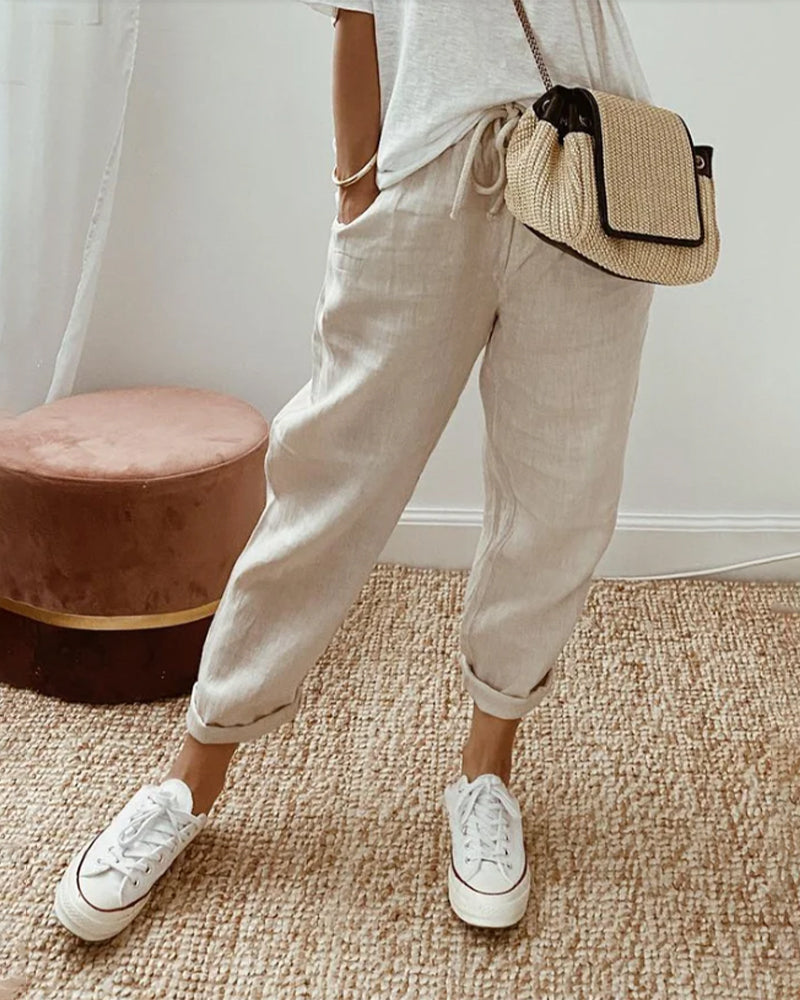 Women's summer drawstring pants, ideal for beach, lounge, or vacation. Comfy loose fit casual wear.