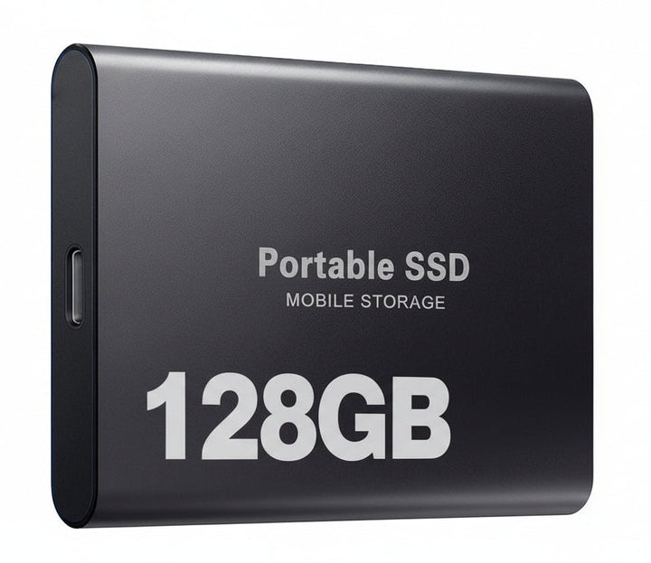 Versatile 128GB portable SSD external hard drive, compatible with laptops & desktops for storage.