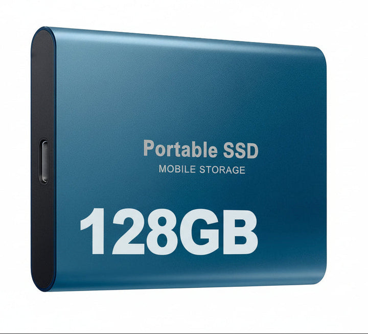 View of USB-C port on a black 128GB portable SSD, ensuring fast data transfer for external storage.
