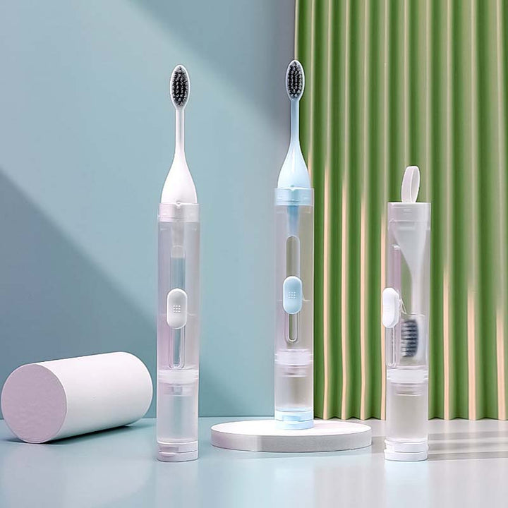 Sleek travel toothbrush combining brush, paste, and cover into one compact design