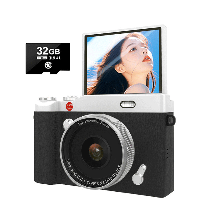 Close-up of the flip screen on a compact 4K digital camera, highlighting its versatility for vlogging.