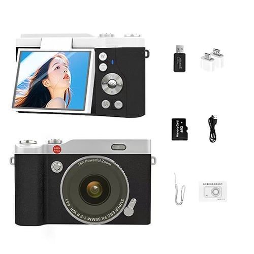 Beginner-friendly 4K digital camera with an articulating flip screen, excellent for vlogging.