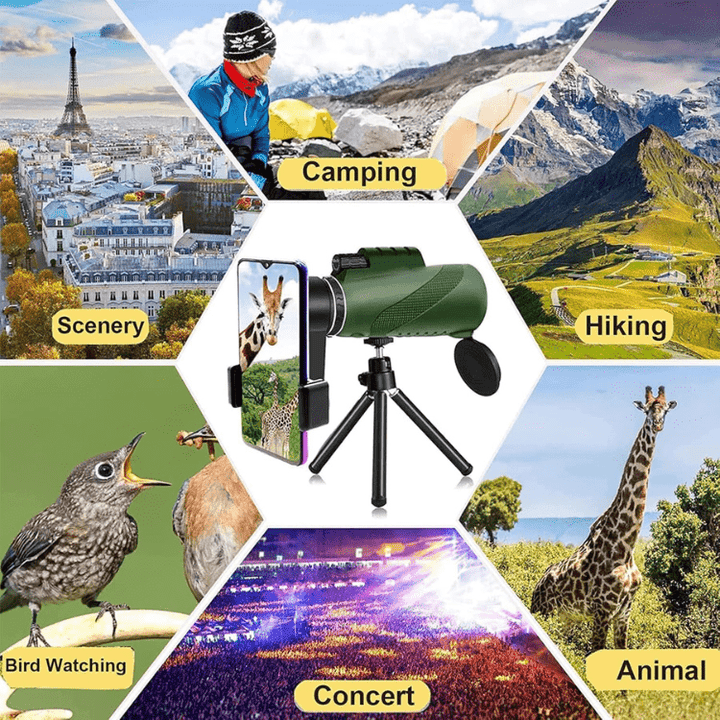 Portable monocular with 600x zoom for clear, distant views of nature and outdoor adventures.