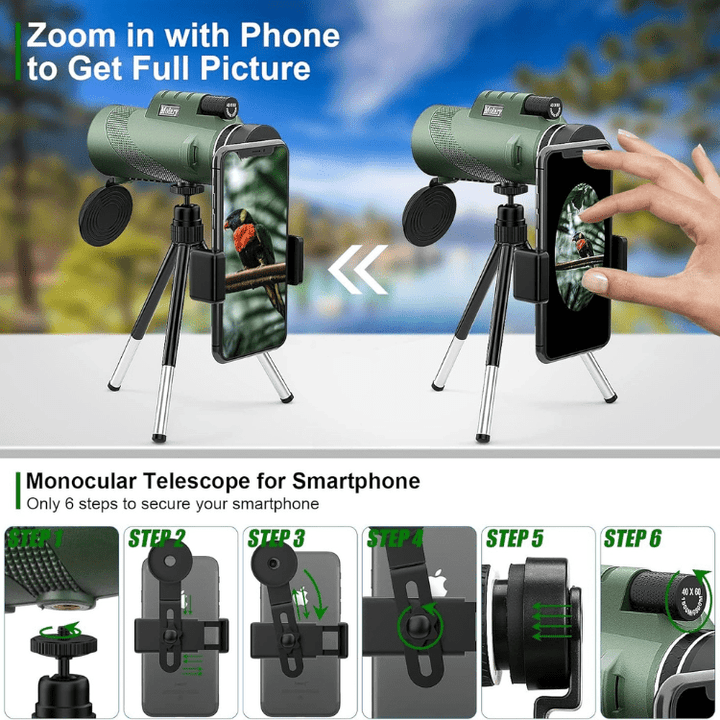 HD optics 600x zoom monocular, perfect for crisp, bright distant views on hikes and wildlife spotting.